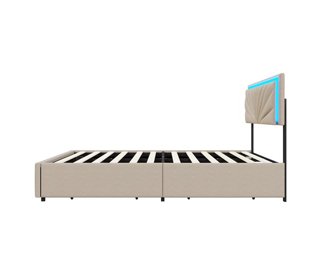 Cama con cabecero LED y 4 cajones de almacenaje Beige