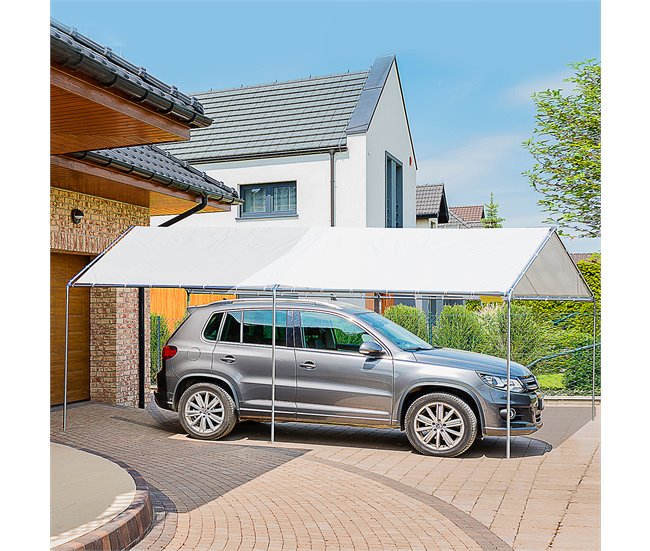 Cochera Exterior Tela PE, Acero Galvanizado Outsunny Blanco