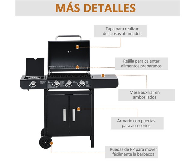Barbacoa de Gas PP, Acero Outsunny Negro