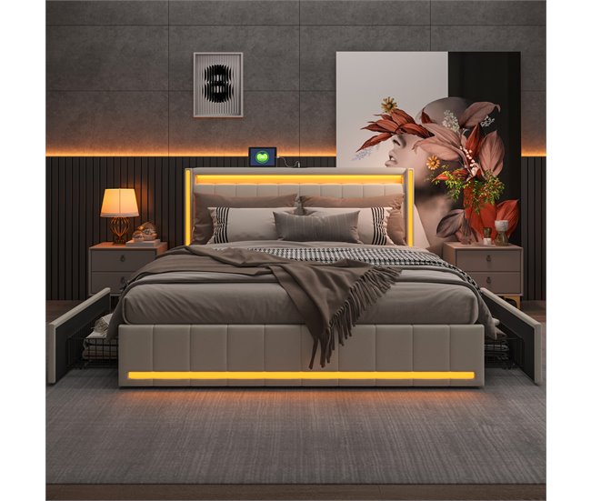 Cama, USB, cabecero LED, cama para adolescentes 148x213 Beige