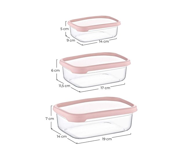 Set 3 Recipientes Rectangular Herméticos para Alimentos 7house Rosa