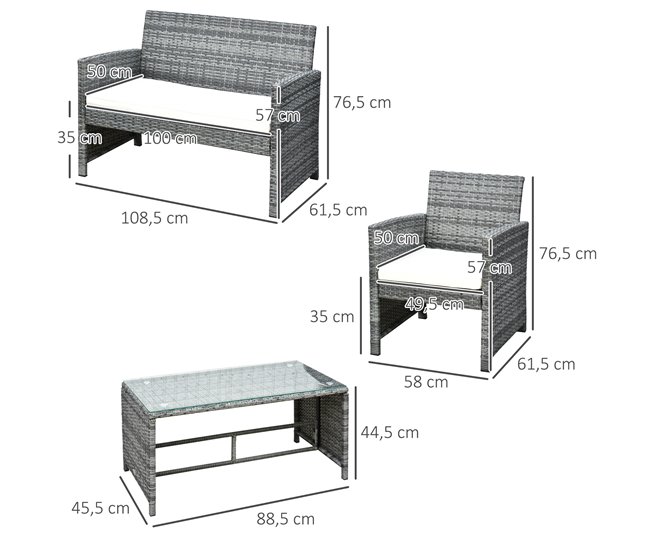 Muebles de Ratán Poliéster, Ratán PE, Vidrio, Metal Outsunny Gris