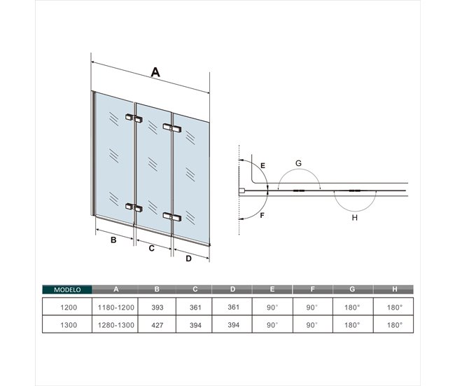Mampara de Bañera Plegable,3 Hojas,Vidrio Templado 6mm Antical, Alture 140cm,Ancho 2cm Ajustable 