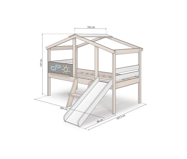 Cama cabaña con tobogán Rushi 204x187 Blanco/ Madera
