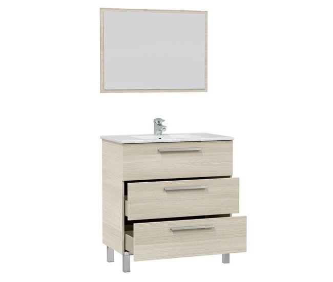 Mueble baño Alise 3 cajones, espejo y lavabo, Roble Roble