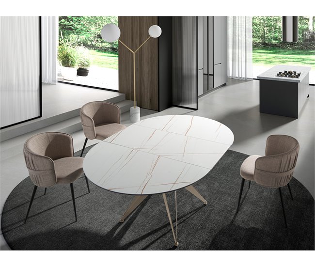 ANGEL CERDÁ Mesa comedor extensible redonda mármol porcelánico 170x120 Blanco