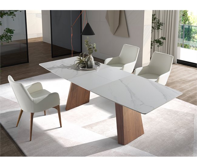 ANGEL CERDA Mesa comedor extensible ovalada barril mármol porcelánico y nogal 230x90 Nogal