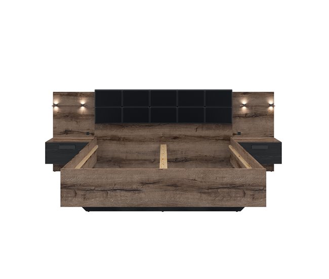 Cama con mesita de noche LED y toma USB Romane Madera