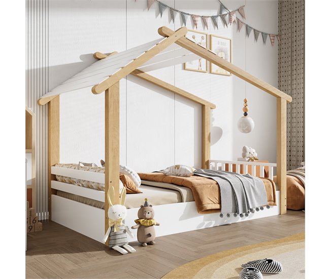 Cama cabaña de madera de pino Natural/ Blanco