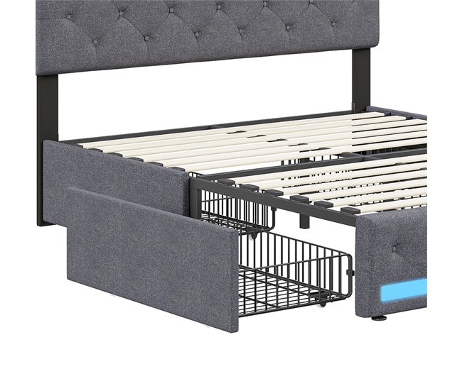 Cama tapizada, LED, 4 cajones, USB 186x210 Gris