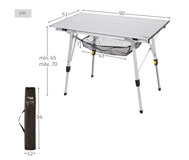 Aktive Mesa plegable camping aluminio antideslizante y desmontable altura ajustable c/red auxiliar Gris