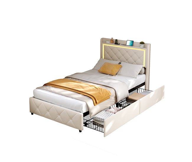 Cama LED, elevación gas, carga USB Beige