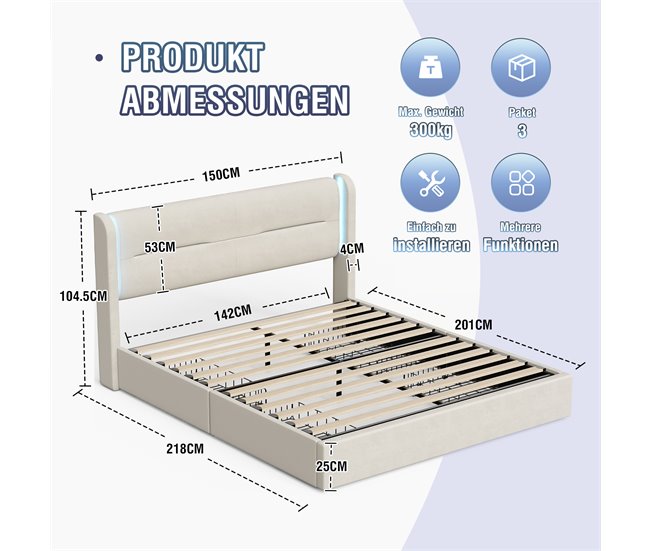 Camas de matrimonio 150x218 Beige