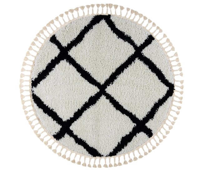 Alfombra BERBER CROSS Franjas Bereber Marroquí Shaggy 160x160 Blanco/ Gris
