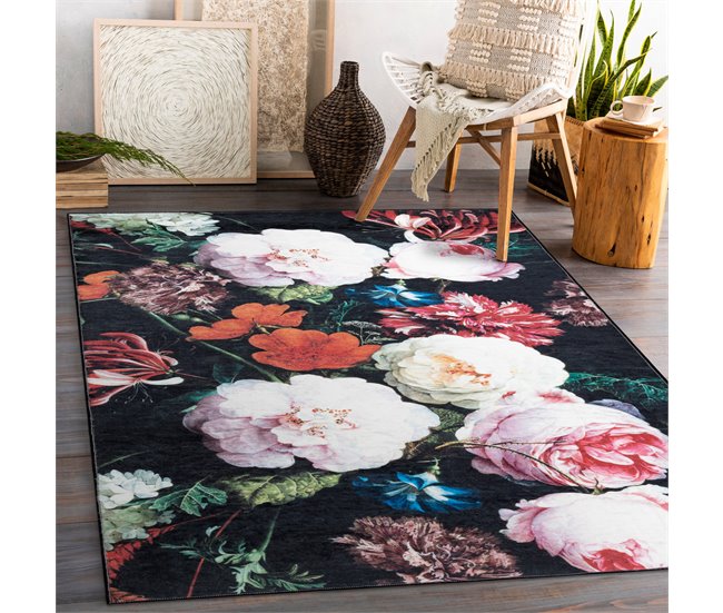 Alfombra lavable ANDRE 1629 flores vintage 120x170 Negro
