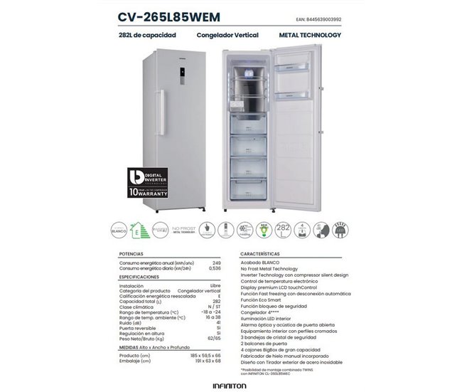 Congelador Vertical INFINITON CV-265L85WEM, 282 Litros, No Frost Blanco