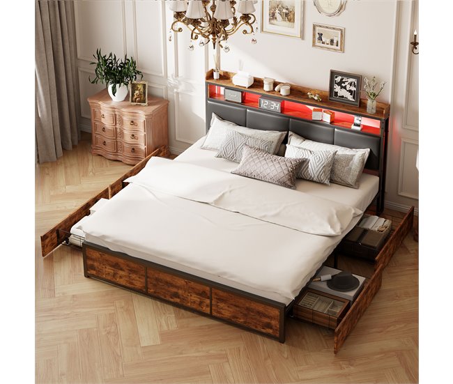 Cama, Cama de metal, 4 cajones, LED, Cama juvenil 182x217 Negro