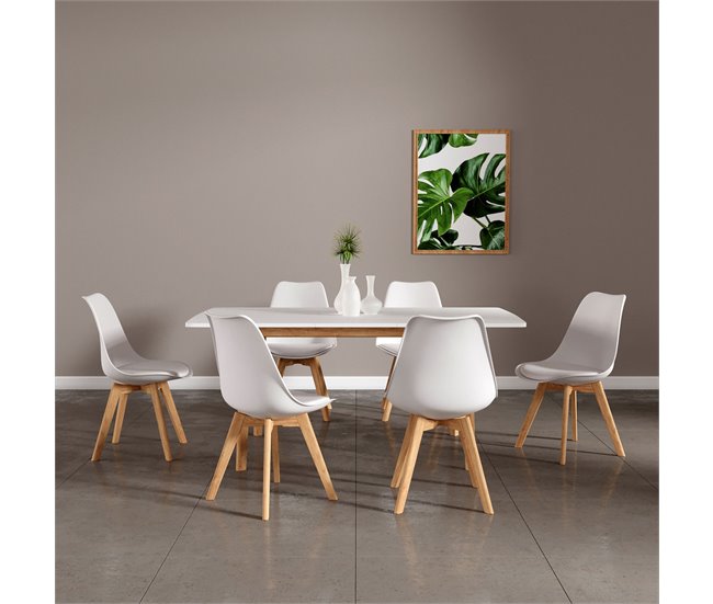 Mesa extensible Helga 120, 6 sillas Nora Blanco