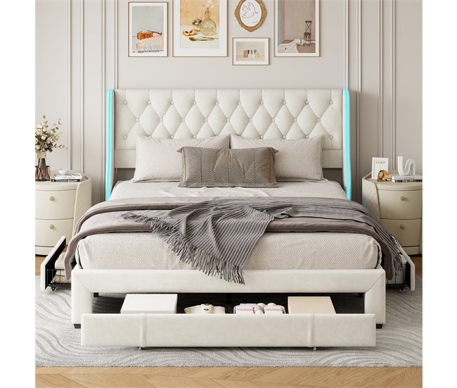 Cama, cajón, cama con canapé, LED, cama funcional Beige