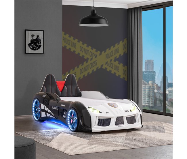 Cama coche 90x190cm POLICE con mando incluido Blanco/ Negro