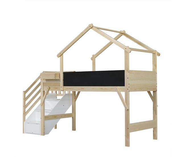 Cama alta cabaña infantil de madera de pino Natural/ Blanco