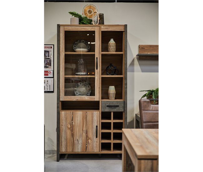 Vitrina doble 2 puertas y 1 cajón INDUSTRY Gris/ Madera