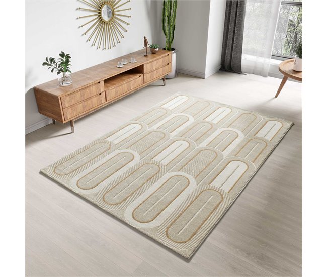 Alfombra geométrica con relieve FLORA - ATTICGO 80x150 Blanco/ Beige