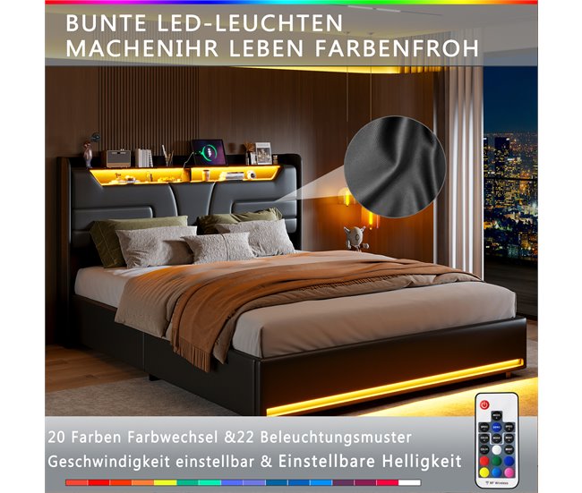 Cama, cama de matrimonio, LED, USB Negro