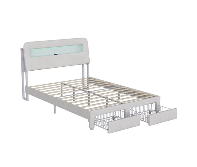 Cama tapizada, LED, USB, 2 cajones Beige