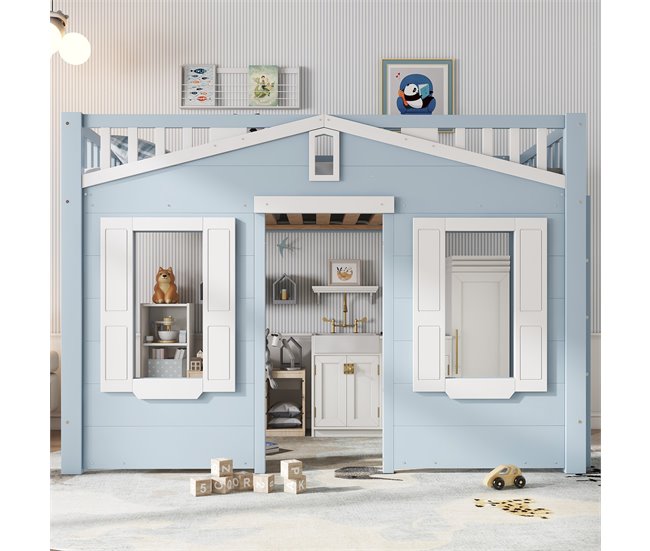 Cama alta de madera de pino Azul