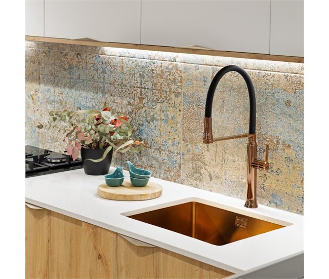 Grifo de Fregadero de Cocina Monomando Cobre Satinado con Caño Dorado