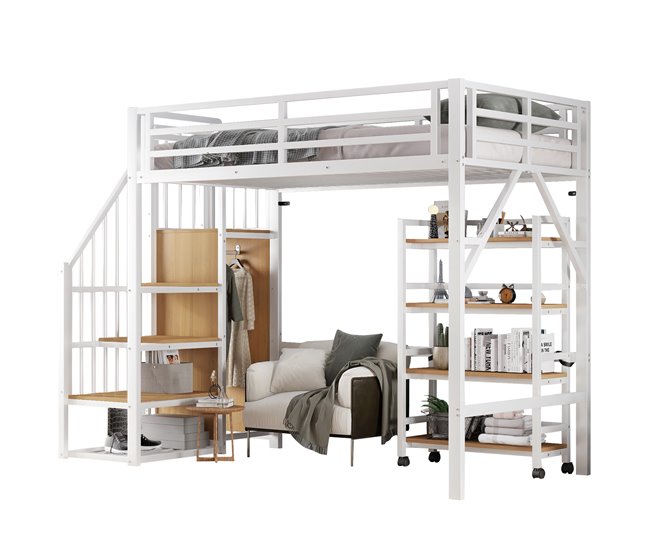 Cama alta de metal Natural/ Blanco