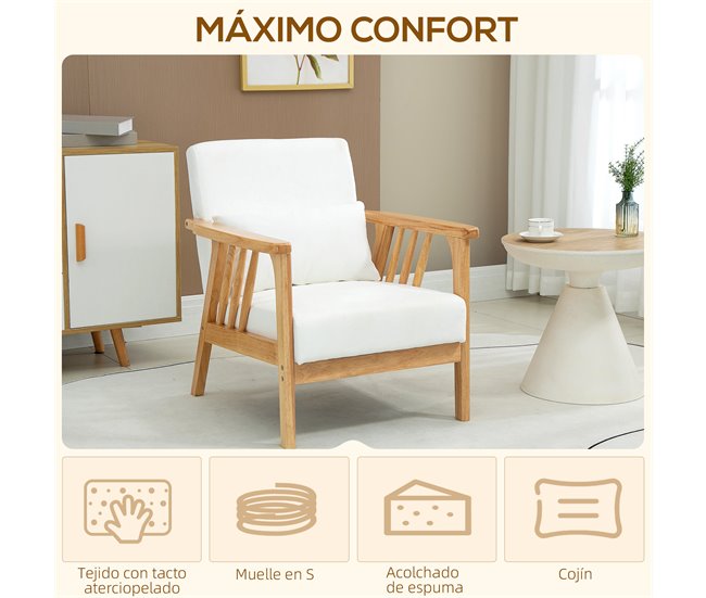 Butaca de Salón Terciopelo, Espuma, Madera de Caucho HOMCOM Crudo