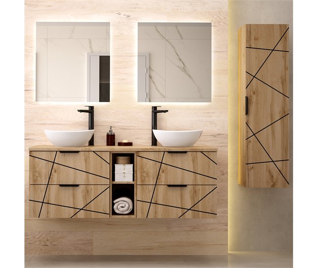 Conjunto de muebles con doble lavabo 2 compartimientos y columna Teren 140 Madera