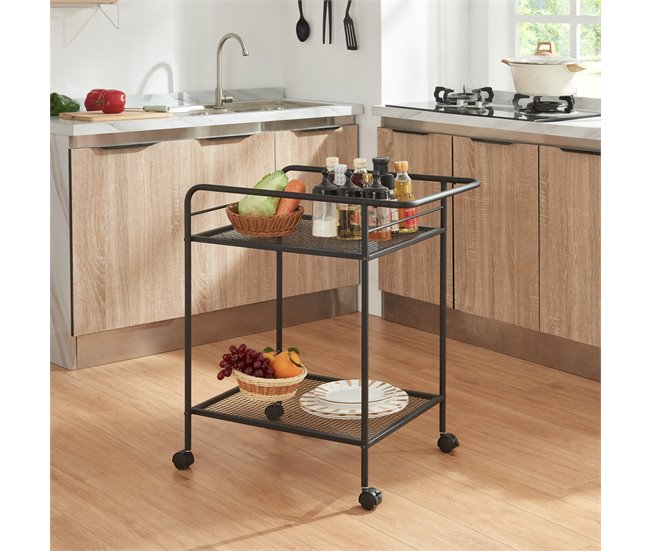 [en.casa] Carrito de servicio Hole con 2 estantes metal MDF 62 Negro