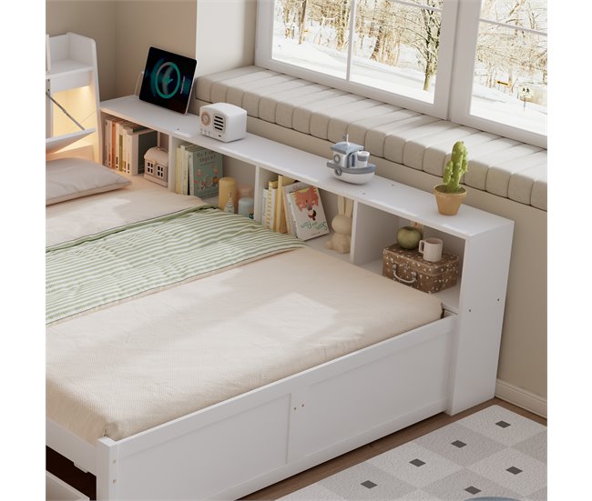 Cama juvenile de madera de pino con 2 cajónes 163x220 Blanco
