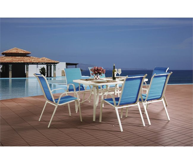 Conjunto De Jardín Mesa + 6 sillas de Textileno Azul