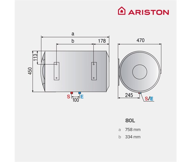 Termo eléctrico, Ariston, Blu1 Eco Horizontal, 80 litros, Clase Energetica B Blanco Brillo