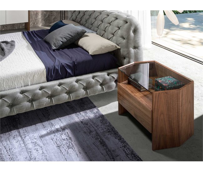 ANGEL CERDA Mesita de noche nogal con tapa de cristal templado Nogal