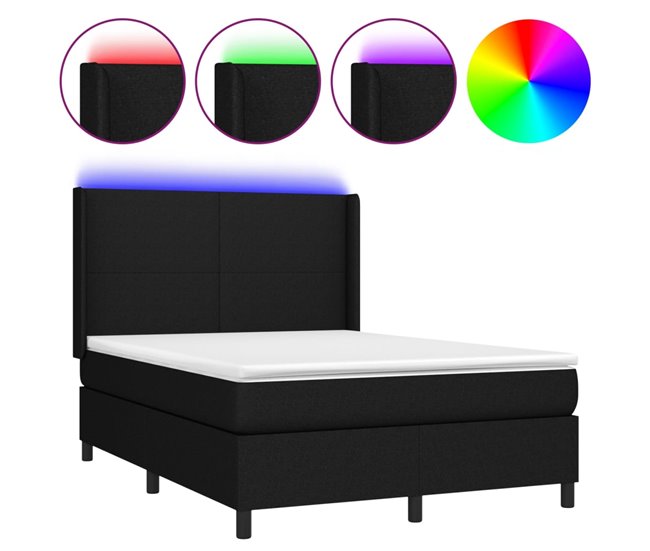 Conforama Cama box spring colchón y luces LED tela negro 140x200 cm Diseño plano