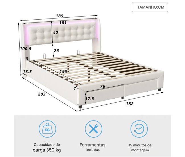 Cama, cajón, LED, USB, bolsa de almacenamiento. 185x203 Beige