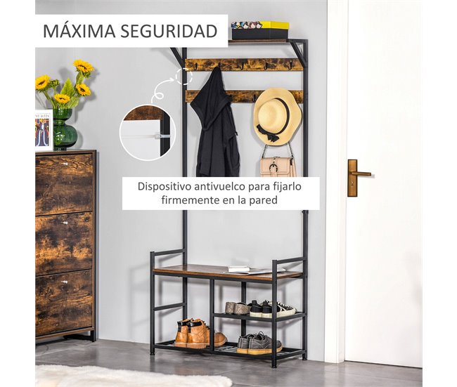 Perchero de Pie con Zapatero Melamina de Madera, Metal HOMCOM Negro