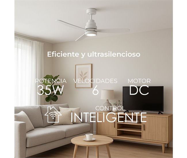 HELIX Ventilador techo wifi YOEVU, LED regulable, 6 velocidades Blanco
