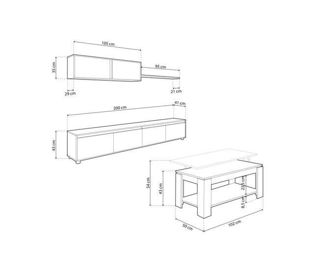 Pack mueble de tv-salón con mesa de centro Arlet Plus 200 Blanco/ Gris