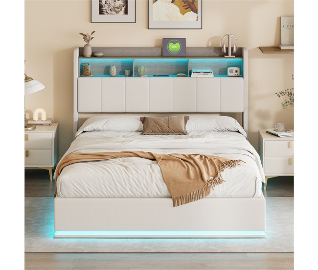 Cama, LED, USB, cama hidráulica, estructura de cama juvenil Beige