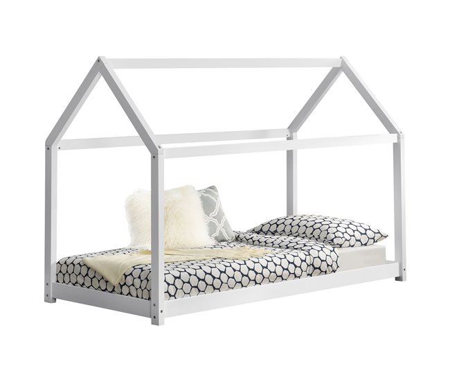 Cama infantil Netstal de madera pino Forma de casa 78x146 Blanco/ Beige
