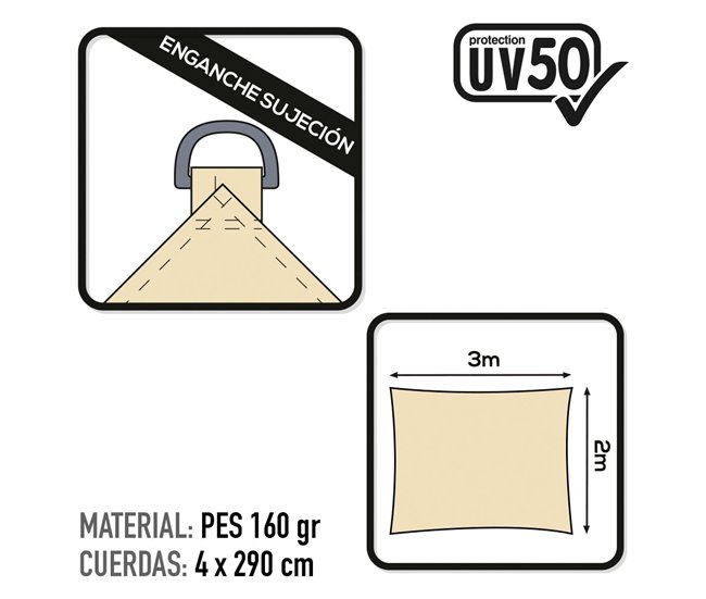 Toldo sombreo rectangular Aktive Garden  uv50 color crema 200x300 Beige
