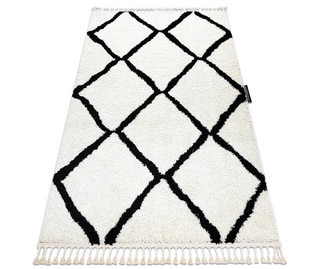 Alfombra BERBER Cuadriculado Franjas Bereber Marroquí Shaggy 80x150 Blanco/ Gris