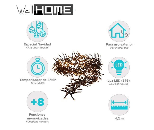 Guirnalda de 576 Luces c/Controlador de 8 funciones, Temporizador Dorado