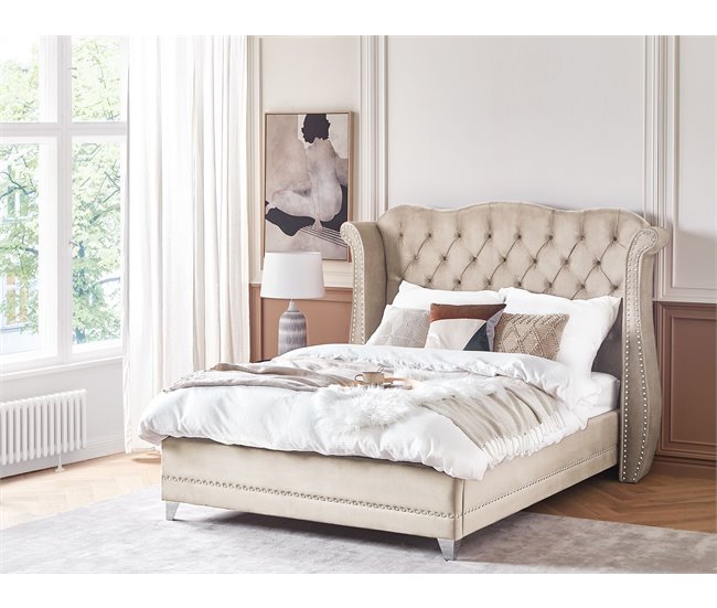 Beliani Cama con somier Terciopelo AYETTE 185x215 Beige